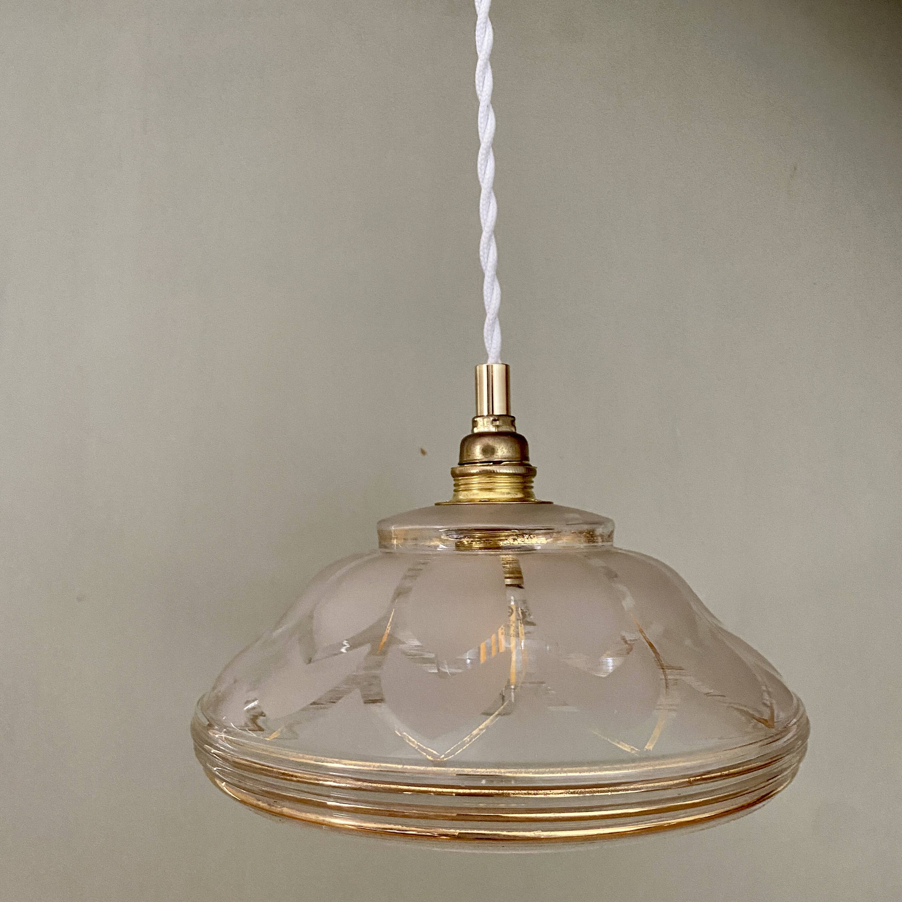 Vintage art deco lampshade pendant light in white and gold frosted glass