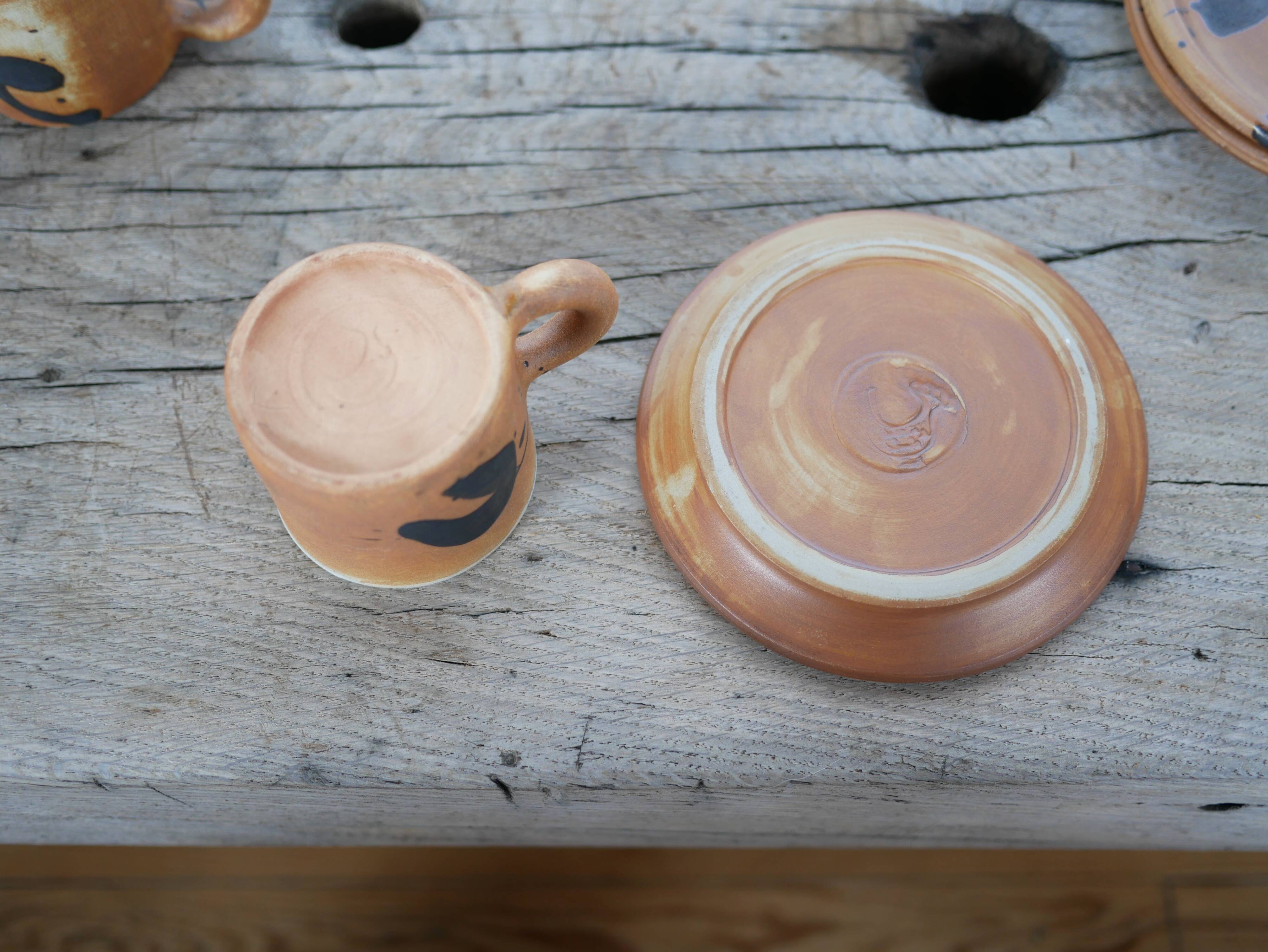 Series of 3 vintage stoneware cups and saucers by Madeleine Brault for Poterie de la Colombe