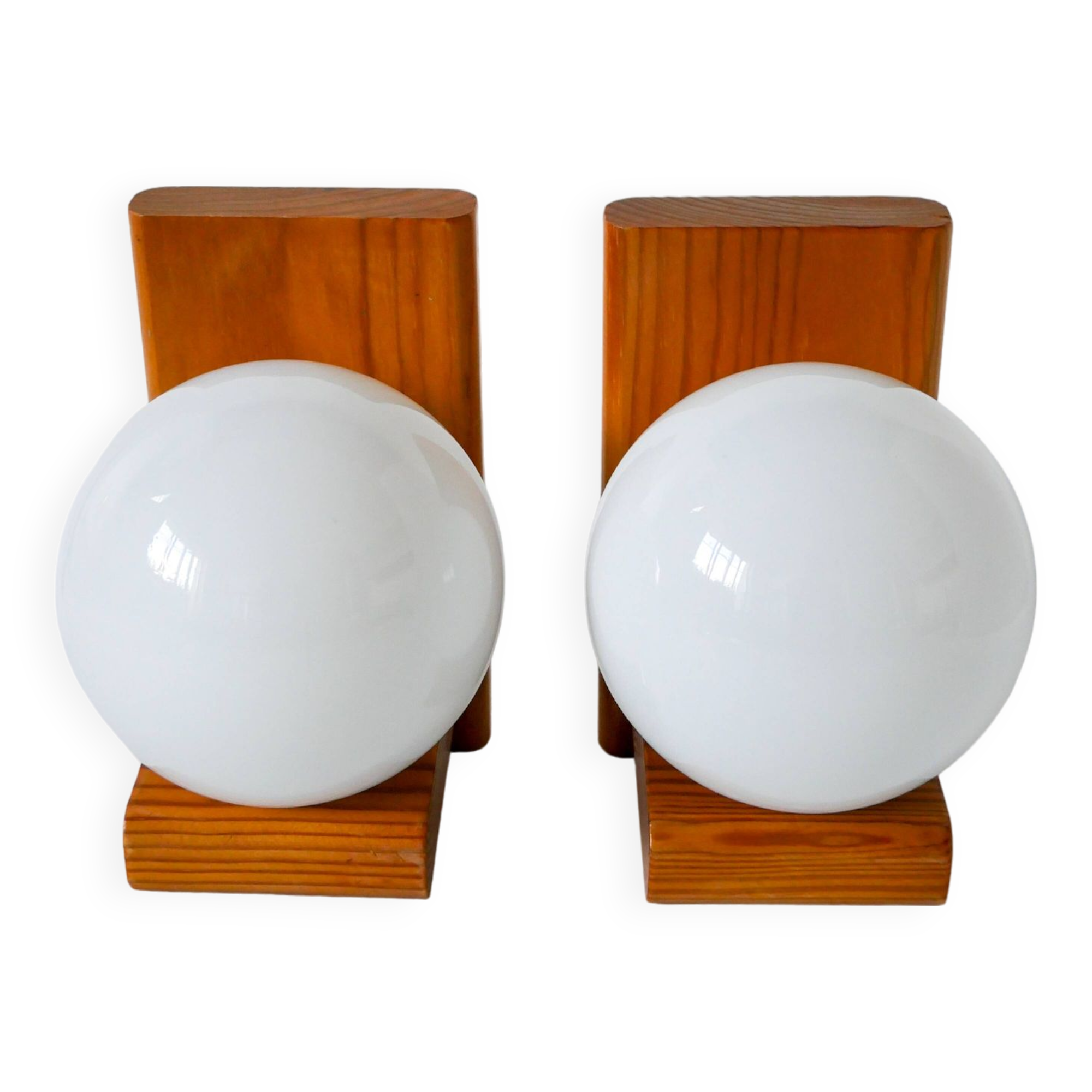 Pair of opaline ball wall lights and pine support 1980