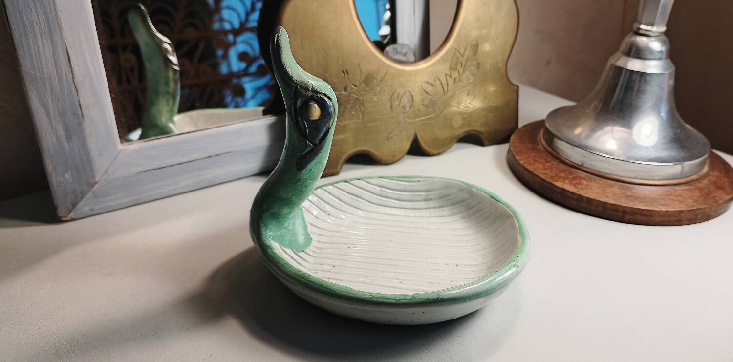 Duck-shaped trinket dish in glazed stoneware by J. C. Monange