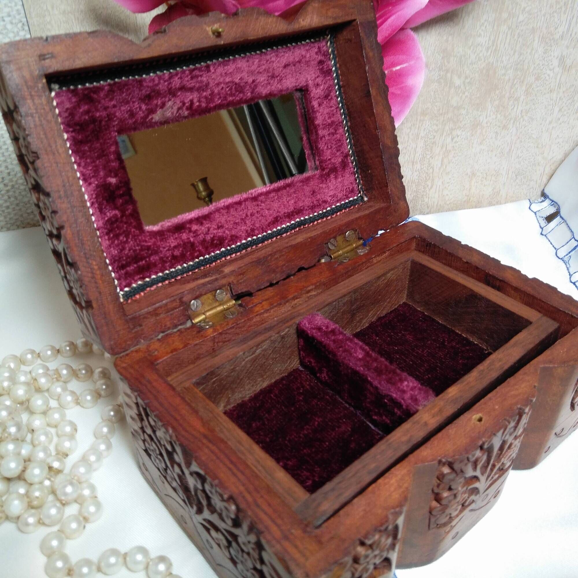 Ancient wooden jewelry box with mirror, engravings and brass décor,Asia India