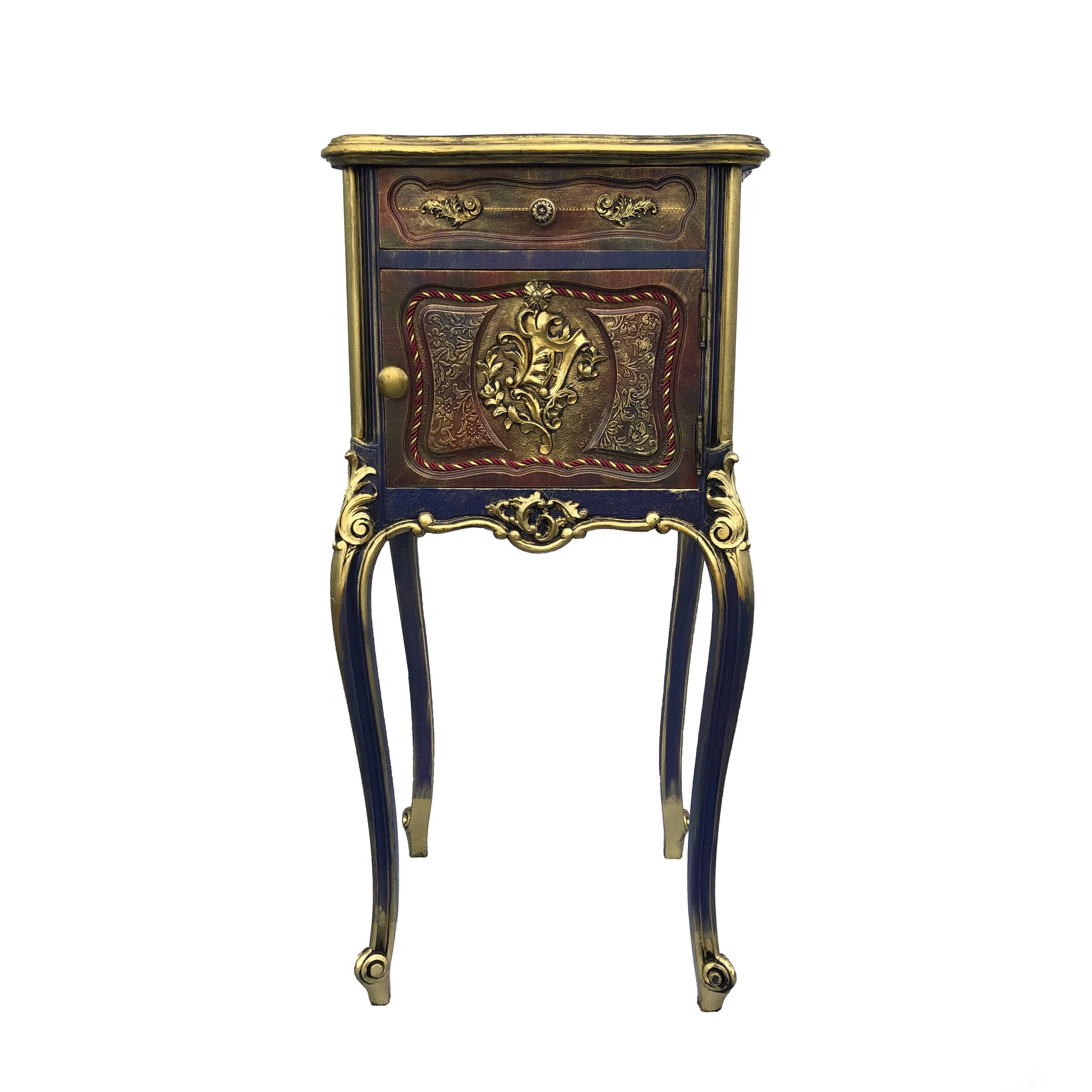 Classic revamped furniture – decorative blue and gold bedside table