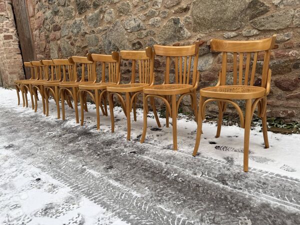 Lot de 9 chaises bistrot vintage en bois de hêtre – bentwood, assise motif