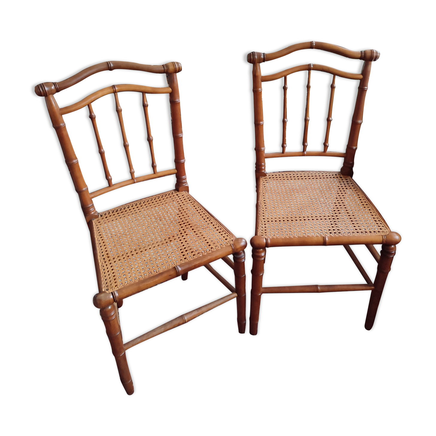 Pair of bamboo-style wooden canned chairs