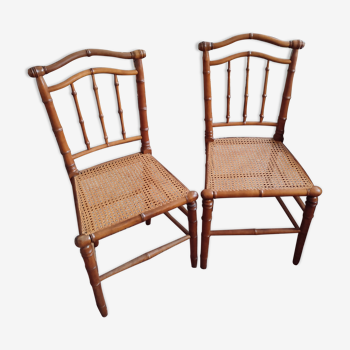 Pair of bamboo-style wooden canned chairs