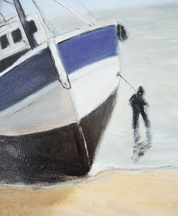 Huile sur bois encadrée et signée henri merlet : bateau de pêche bleu