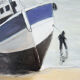 Huile sur bois encadrée et signée henri merlet : bateau de pêche bleu