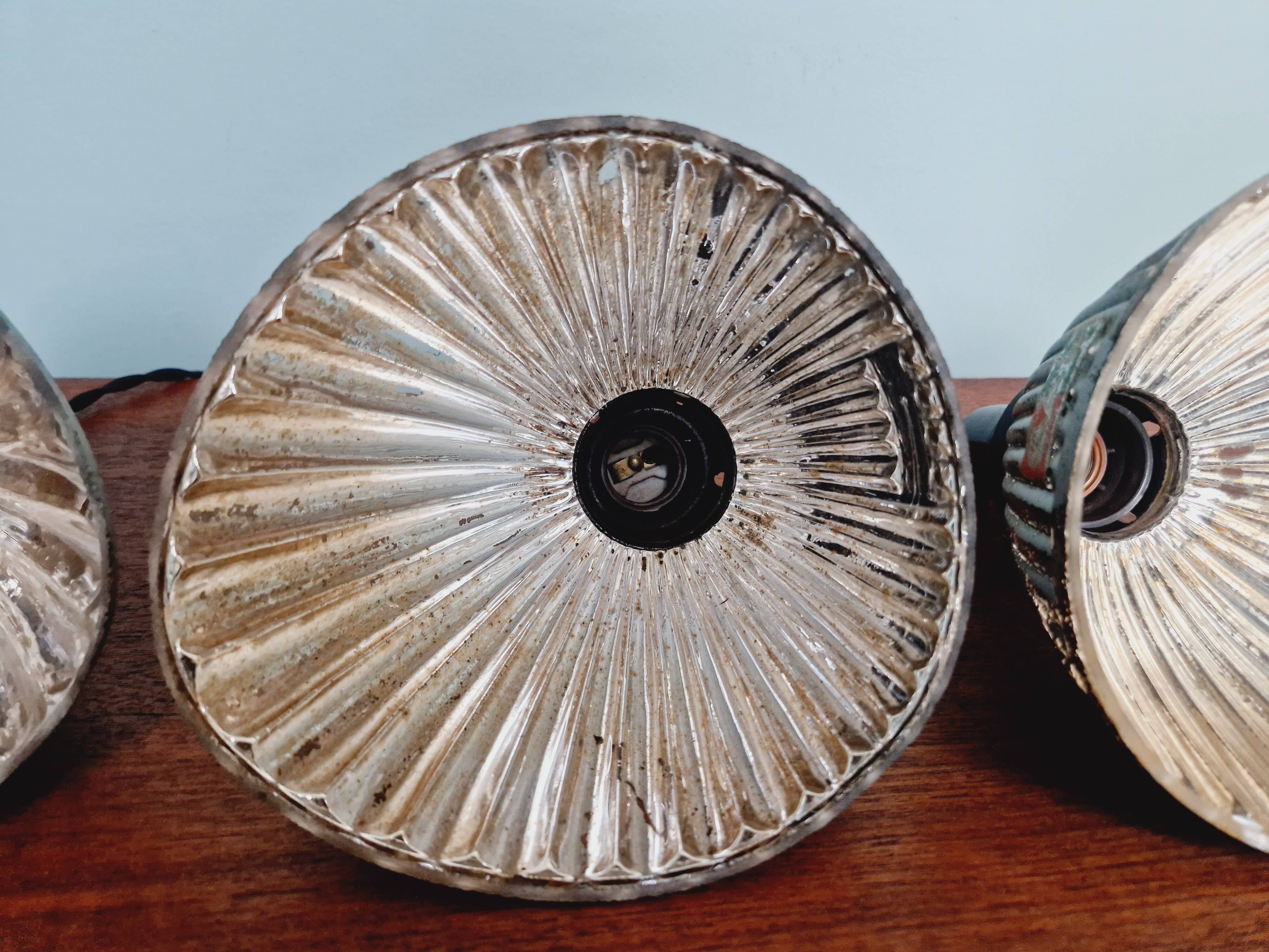 Set of 3 industrial mercury glass pendant lights, GAL (France), 1930s