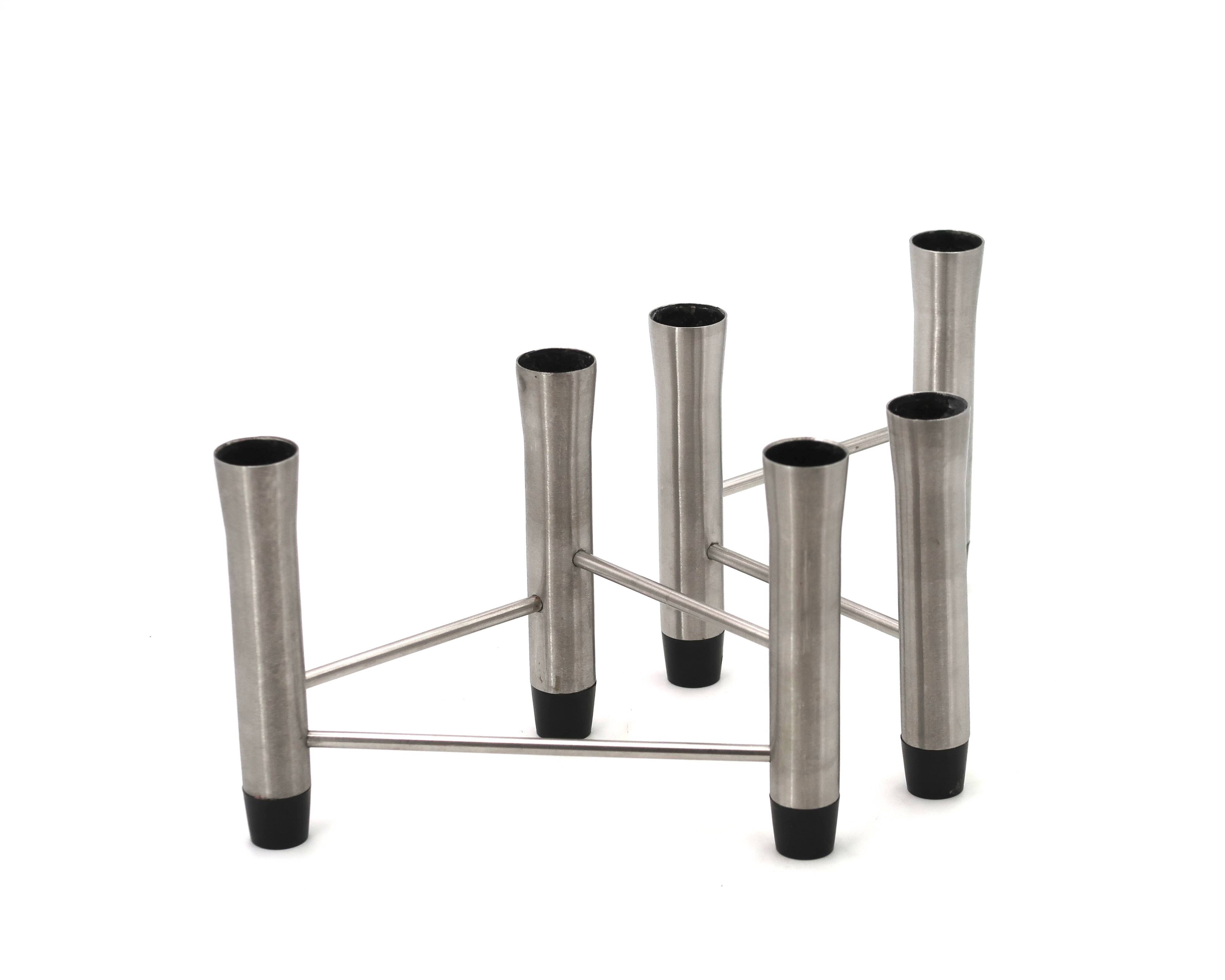 Pair of brushed steel tripod candlesticks, 1970s