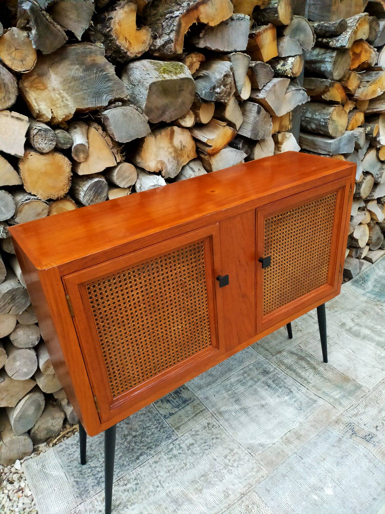 Vintage wooden and cane console