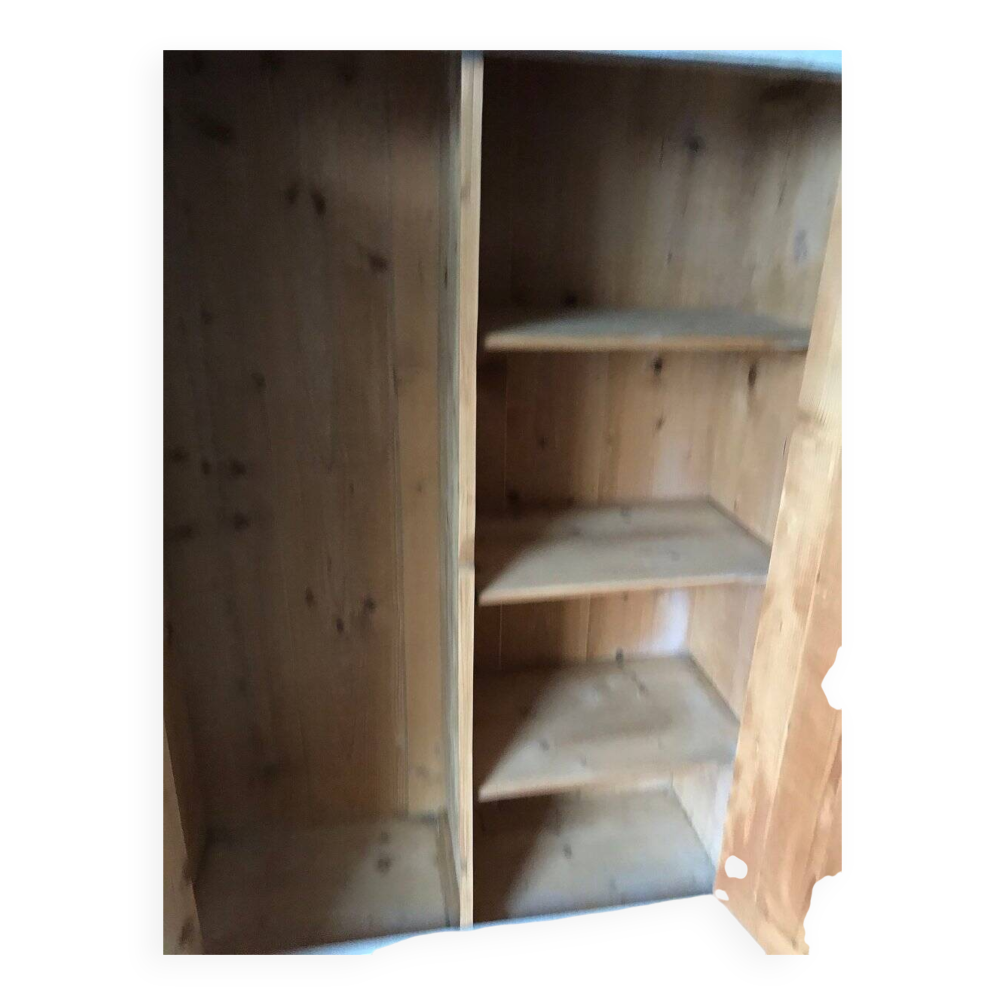 Vintage blonde wood wardrobe painted in antique white, doors decorated with Volkswagen Samba, unique piece.