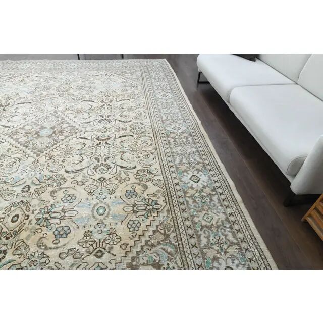 1970s Vintage Persian Handmade Wool Cotton Beige Area Rug 291x387