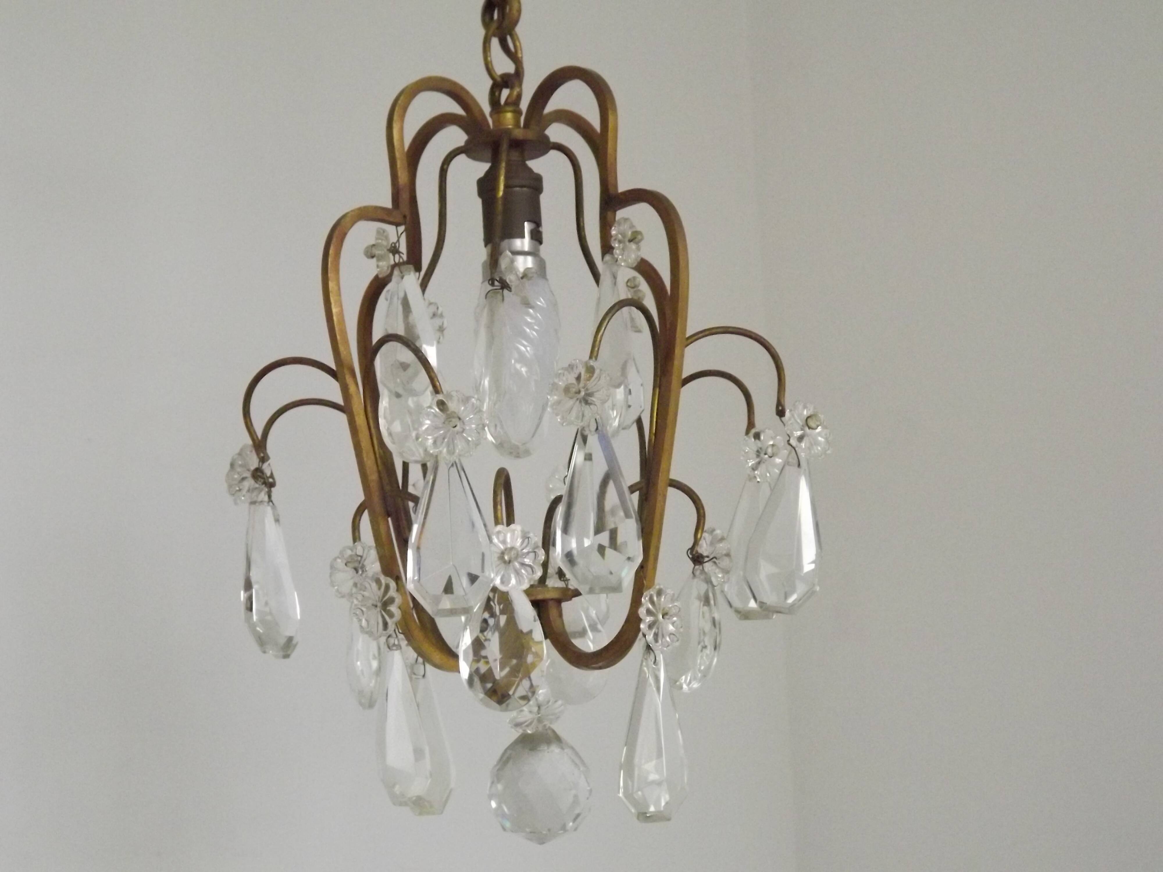 Small French Vintage Brass Single Light 4-Sided Crystal Cage Chandelier