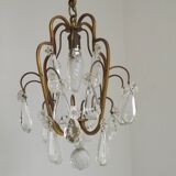 Small French Vintage Brass Single Light 4-Sided Crystal Cage Chandelier