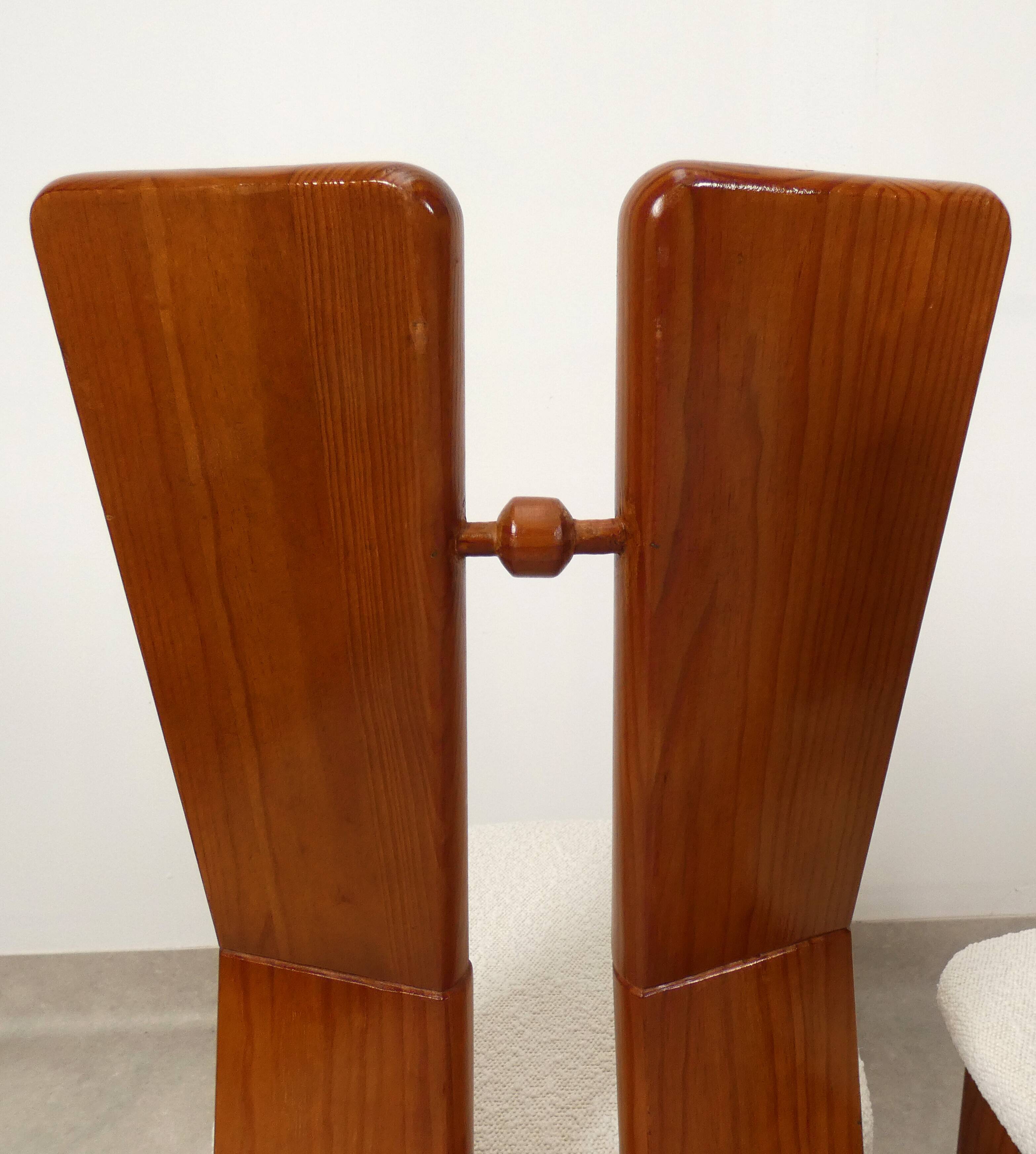 70's brutalist dining chairs in oak with bouclé fabric