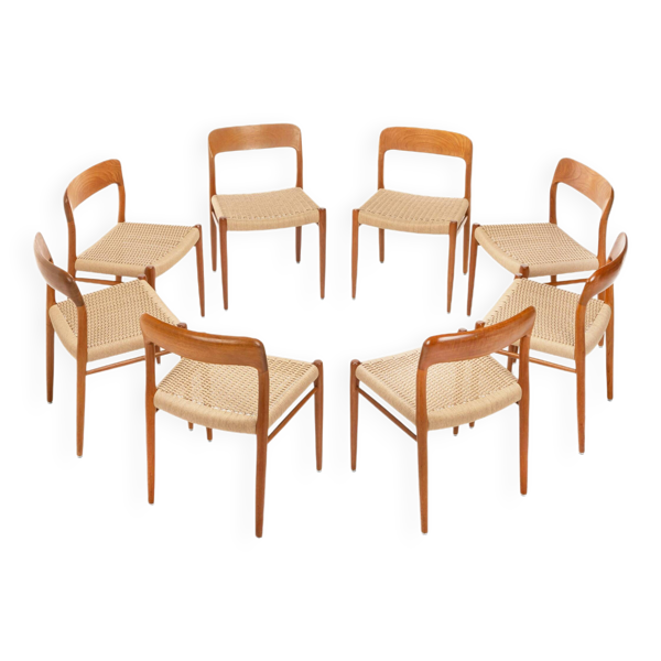 Chaises de Salle à Manger en Teck Papercord par Niels O. Møller pour JL Møllers, 1960s, Set de 8