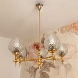 Lustre 5 feux vintage en verre et laiton
