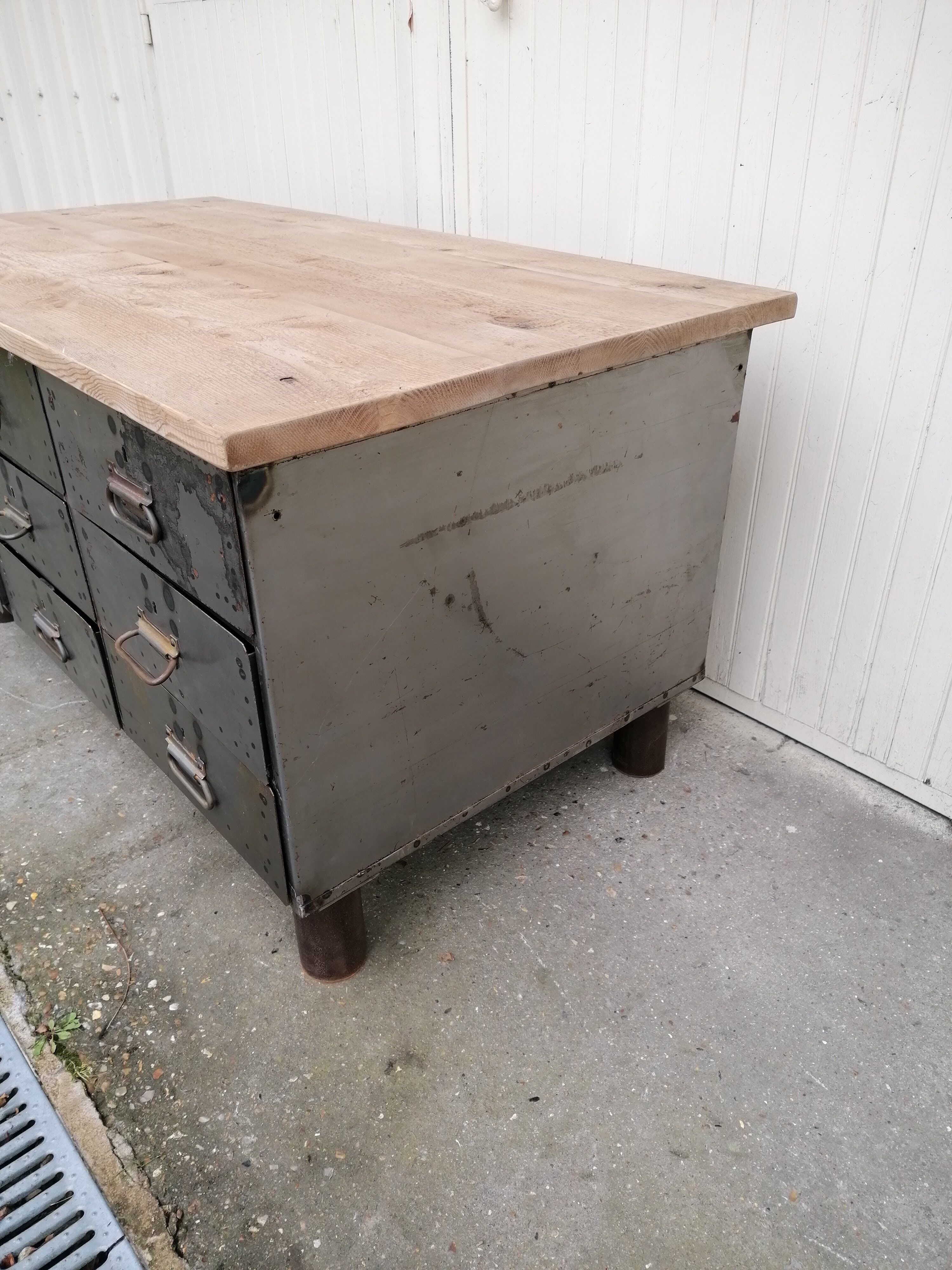 Antique workshop workbench, vintage, metal and wood
