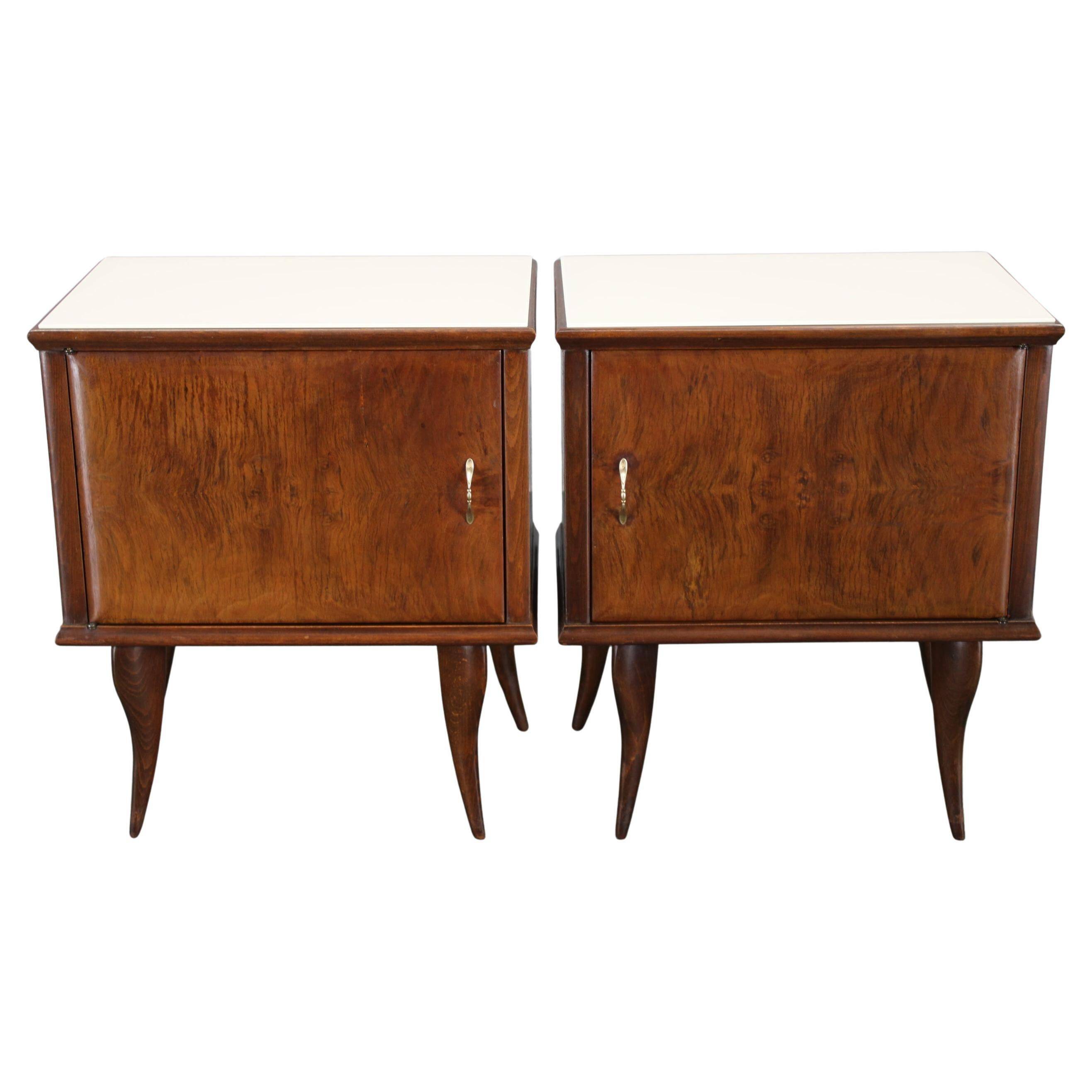 Pair of mid-century Italian walnut nightstands with glass top, 1950s