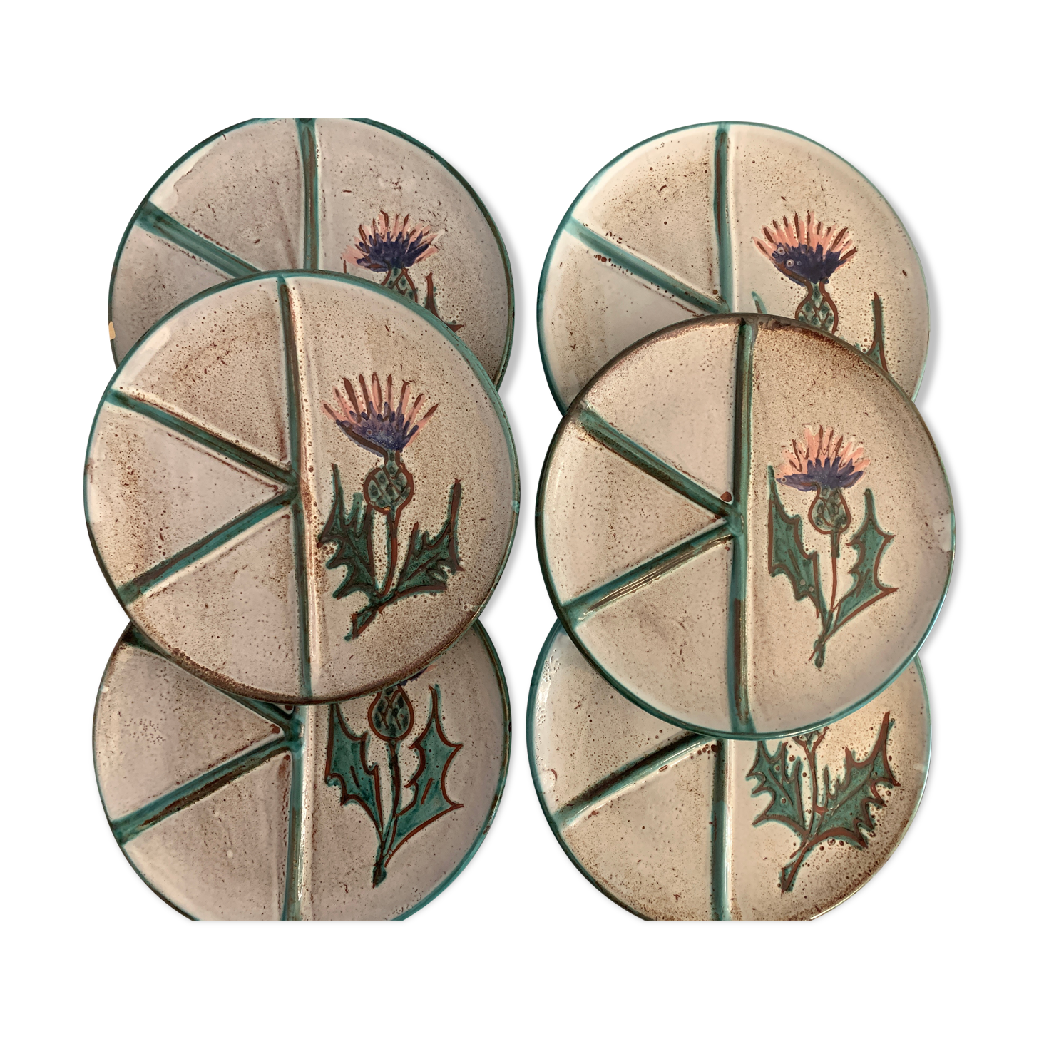 6 ceramic plates, model chardons, Daniel Etienne, Vallauris, 1970