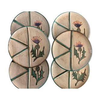 6 ceramic plates, model chardons, Daniel Etienne, Vallauris, 1970