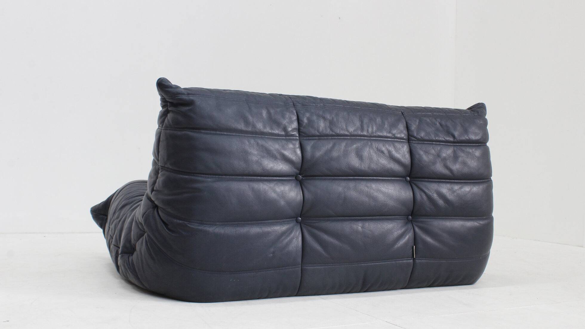 Vintage Togo Ligne Roset 2 seater sofa blue leather by Michel Ducaroy 1990s