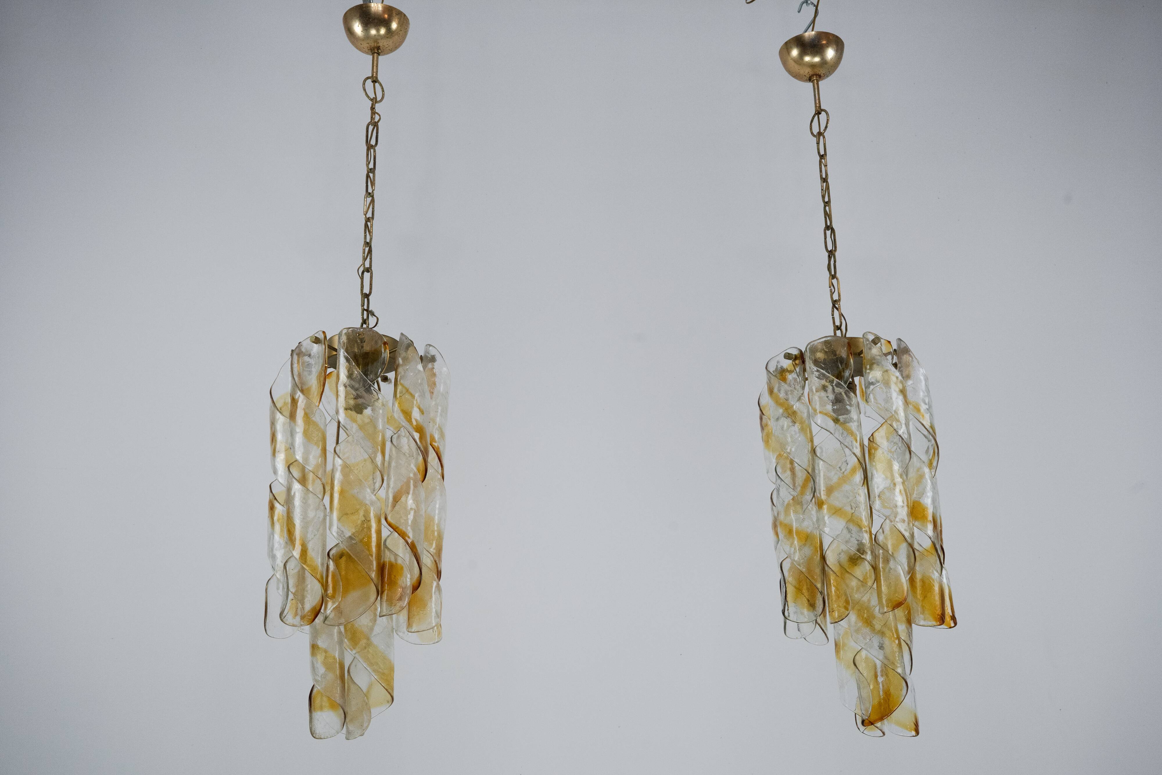 Pair of vintage Torciglione Murano glass chandelier by Mazzega. Italy 1970s