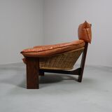 Vintage tripod lounge chair in leather, rattan and oak, Netherlands