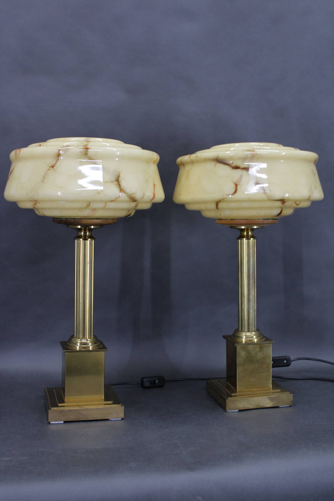 1940s Pair of Italian Restored Brass Table Lamps with Glass Shades