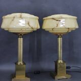 1940s Pair of Italian Restored Brass Table Lamps with Glass Shades