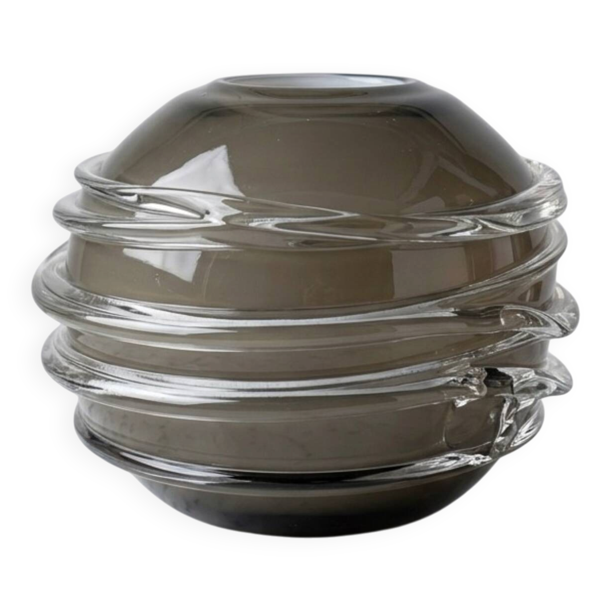 Smoky glass spherical vase with spiral applications from the 1970s.
