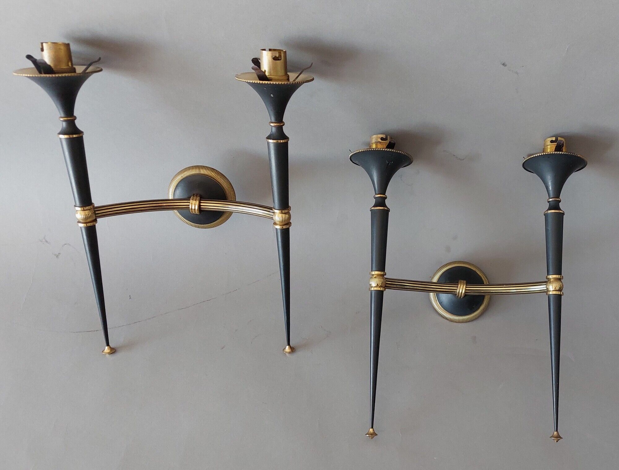 Pair of Maison Arlus torchiere sconces in gold brass and black lacquered 1960