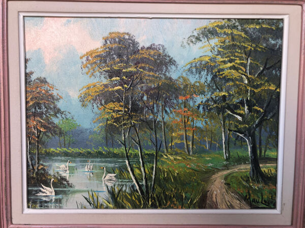 Tableau huile sur toile mau louis bord de rivière + cadre bois #a217