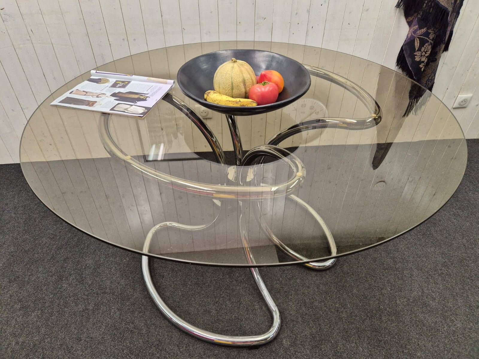 Chrome and smoked glass table.
