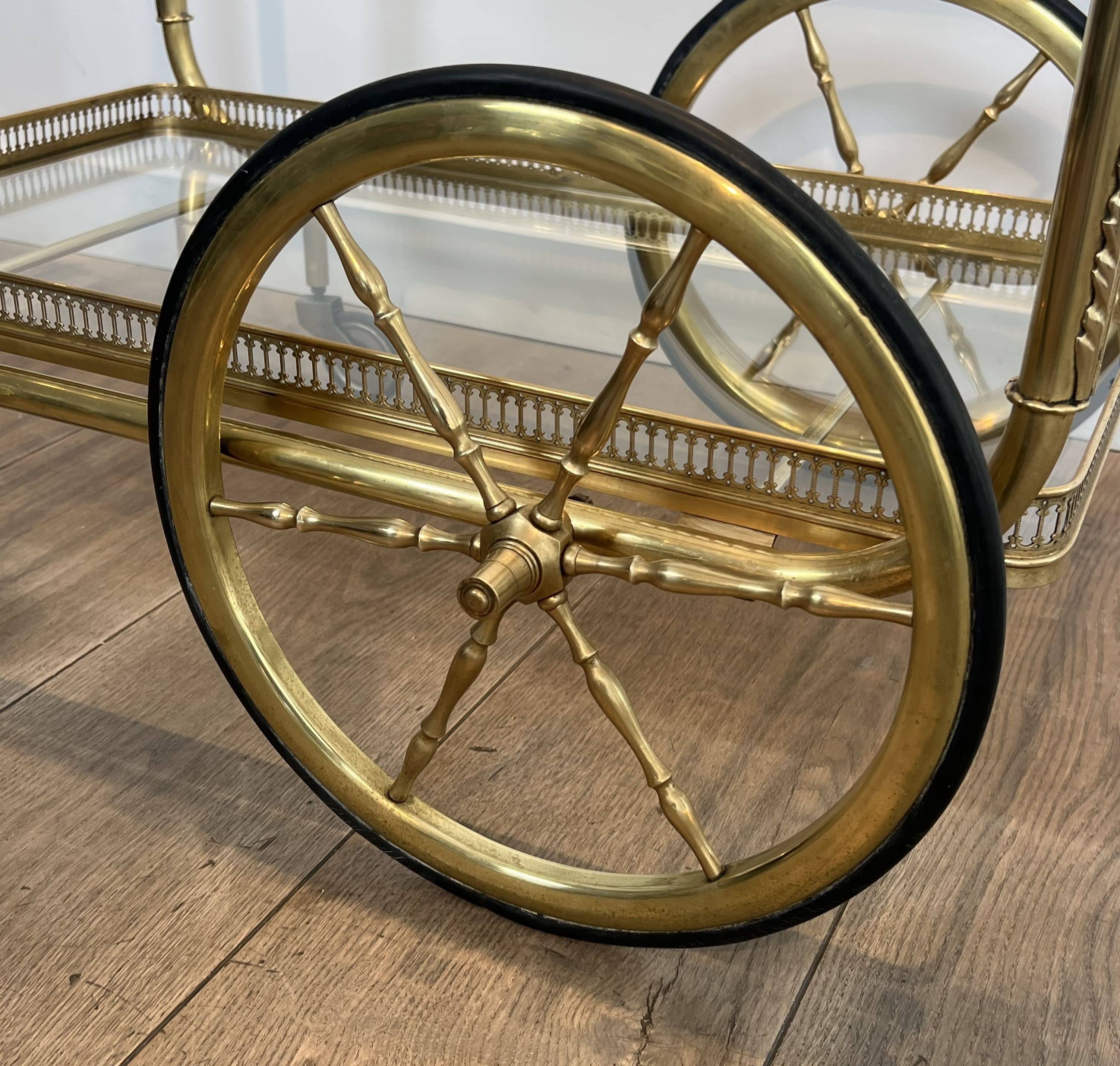 Rolling Table with Large Brass and Glass Wheels, Maison Jansen, Circa 1940