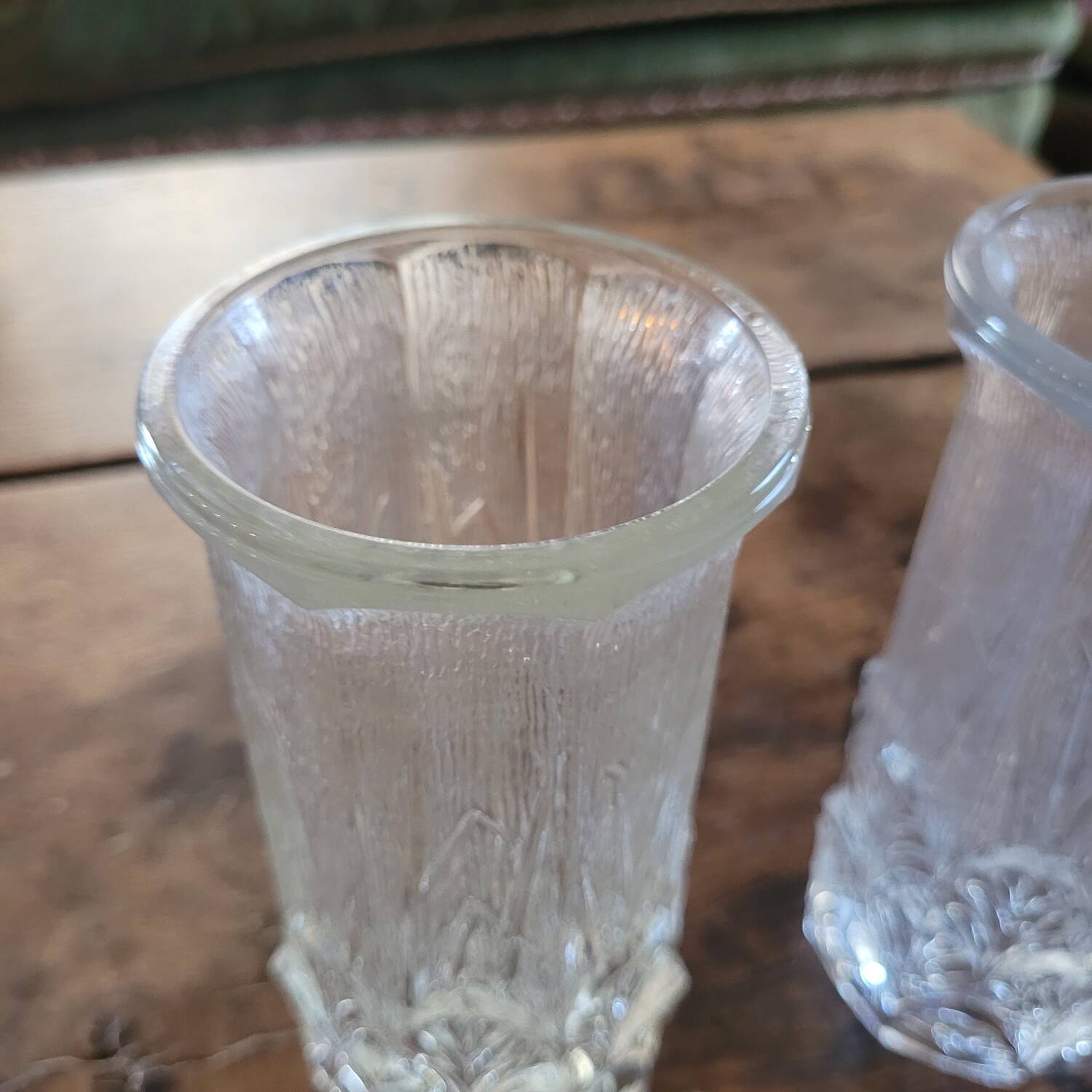 Pair of thick pressed glass art deco vases
