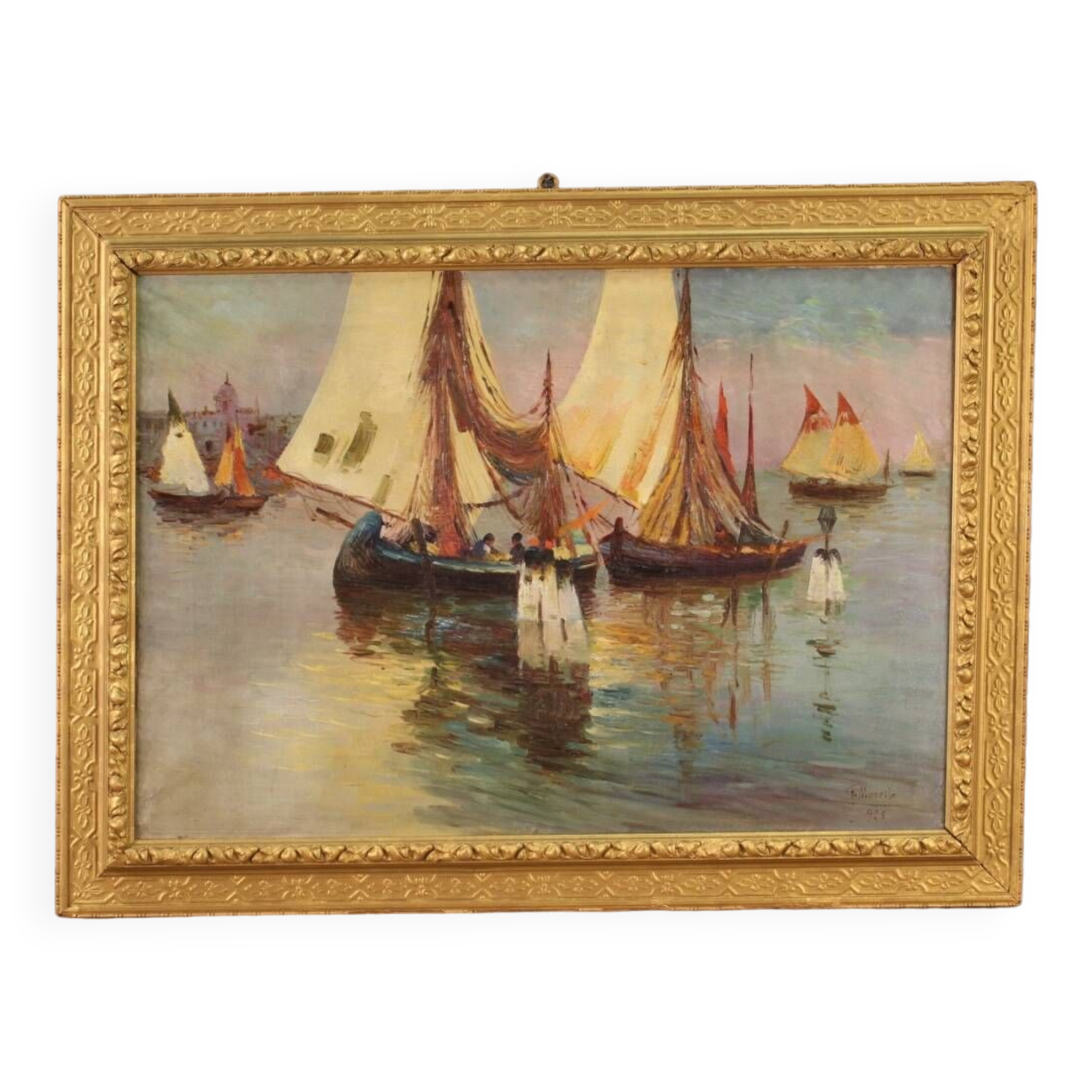 Signed painting and dated seascape with boats from the 20th century