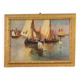 Signed painting and dated seascape with boats from the 20th century