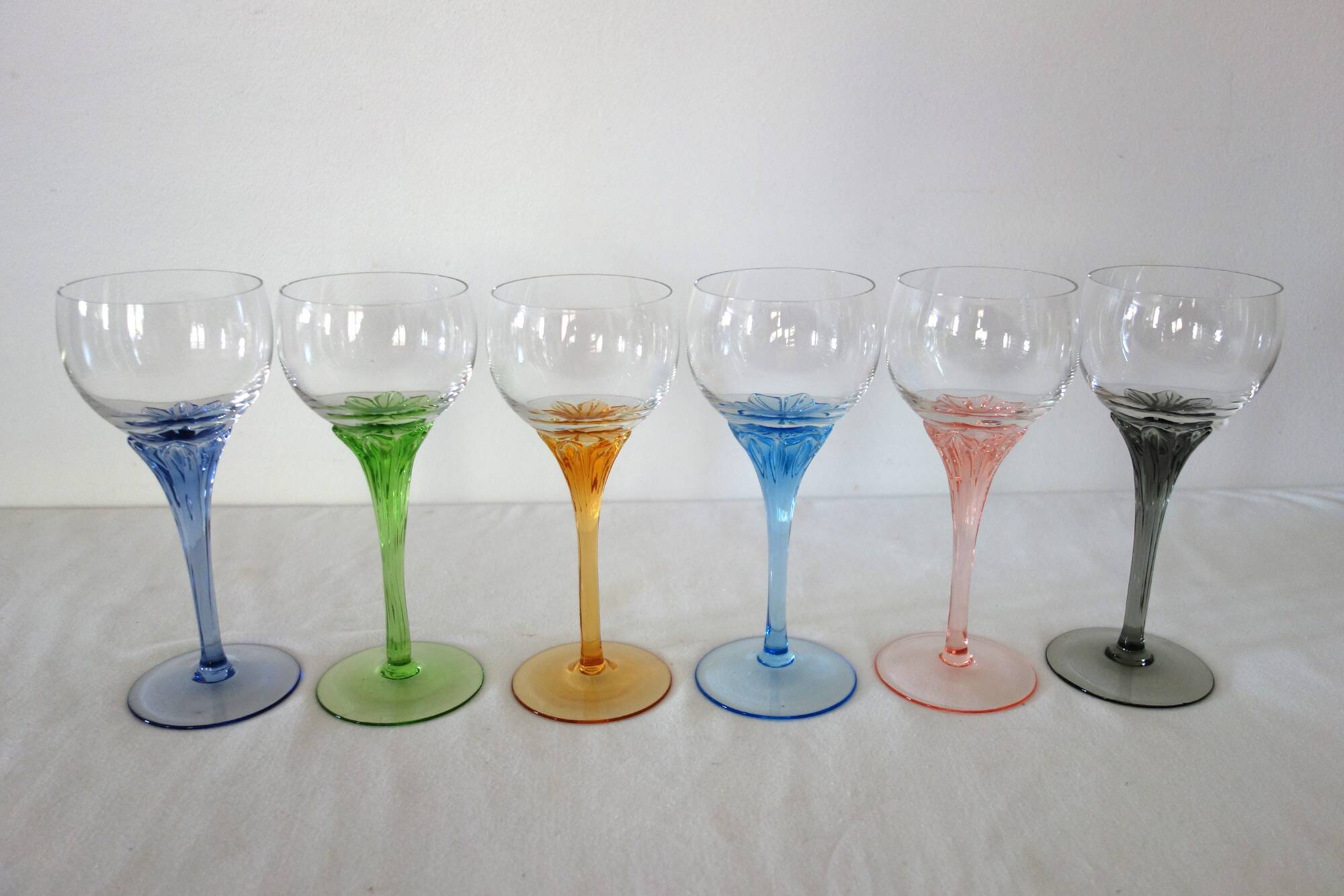 6 colorful vintage crystal wine glasses