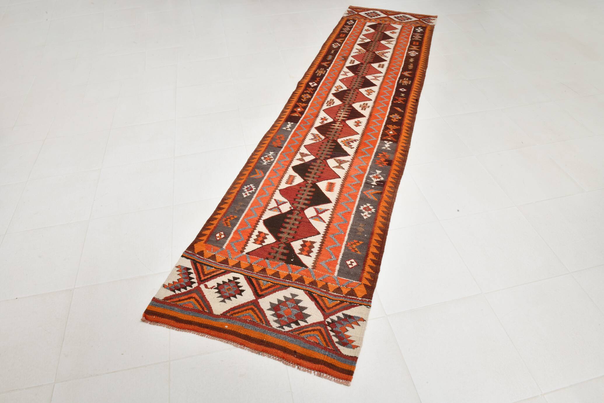Orange & Brown Vintage Kilim Runner Rug, Oriental Pattern Hallway Carpet