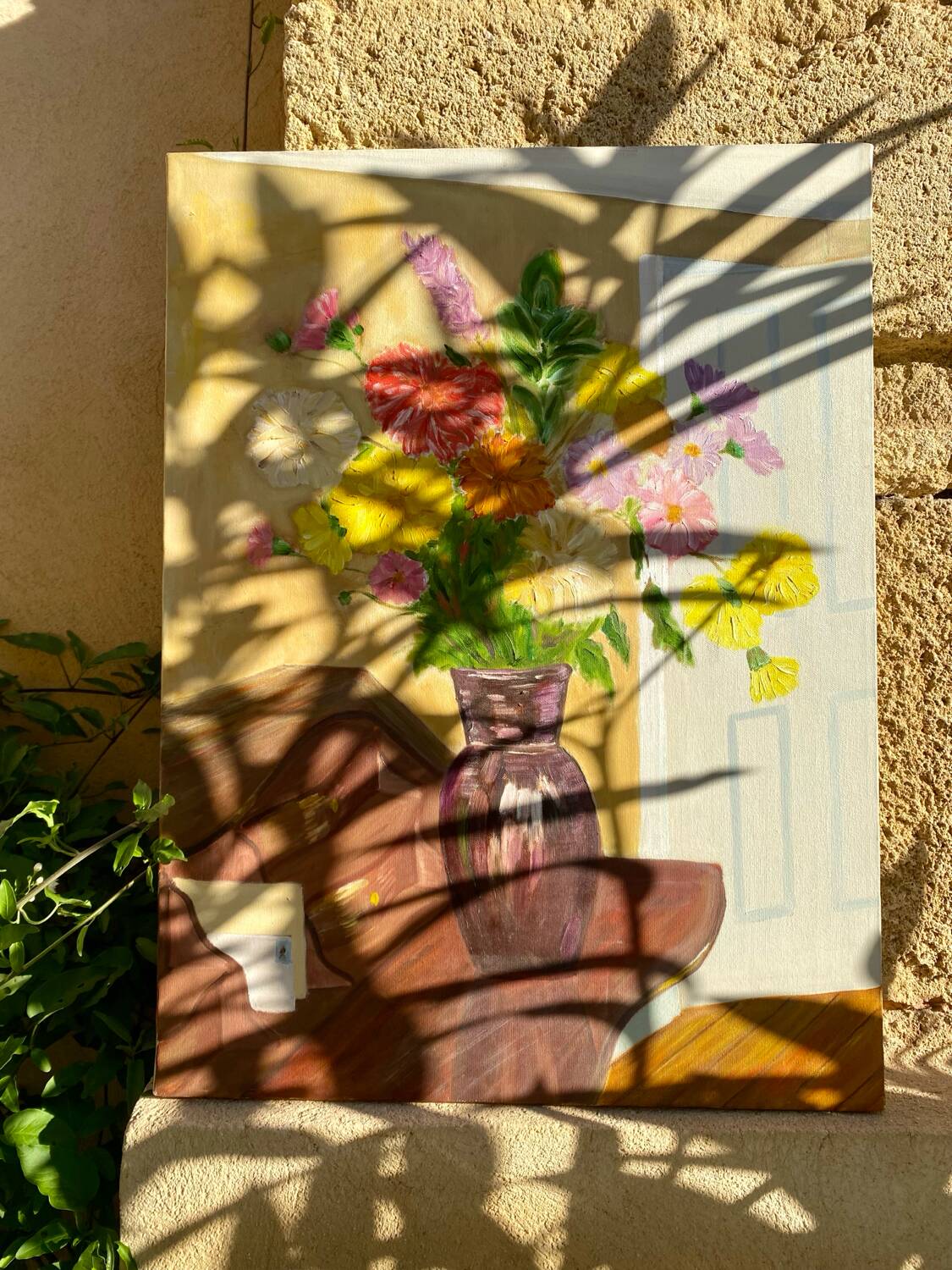 Oil on canvas with bouquet