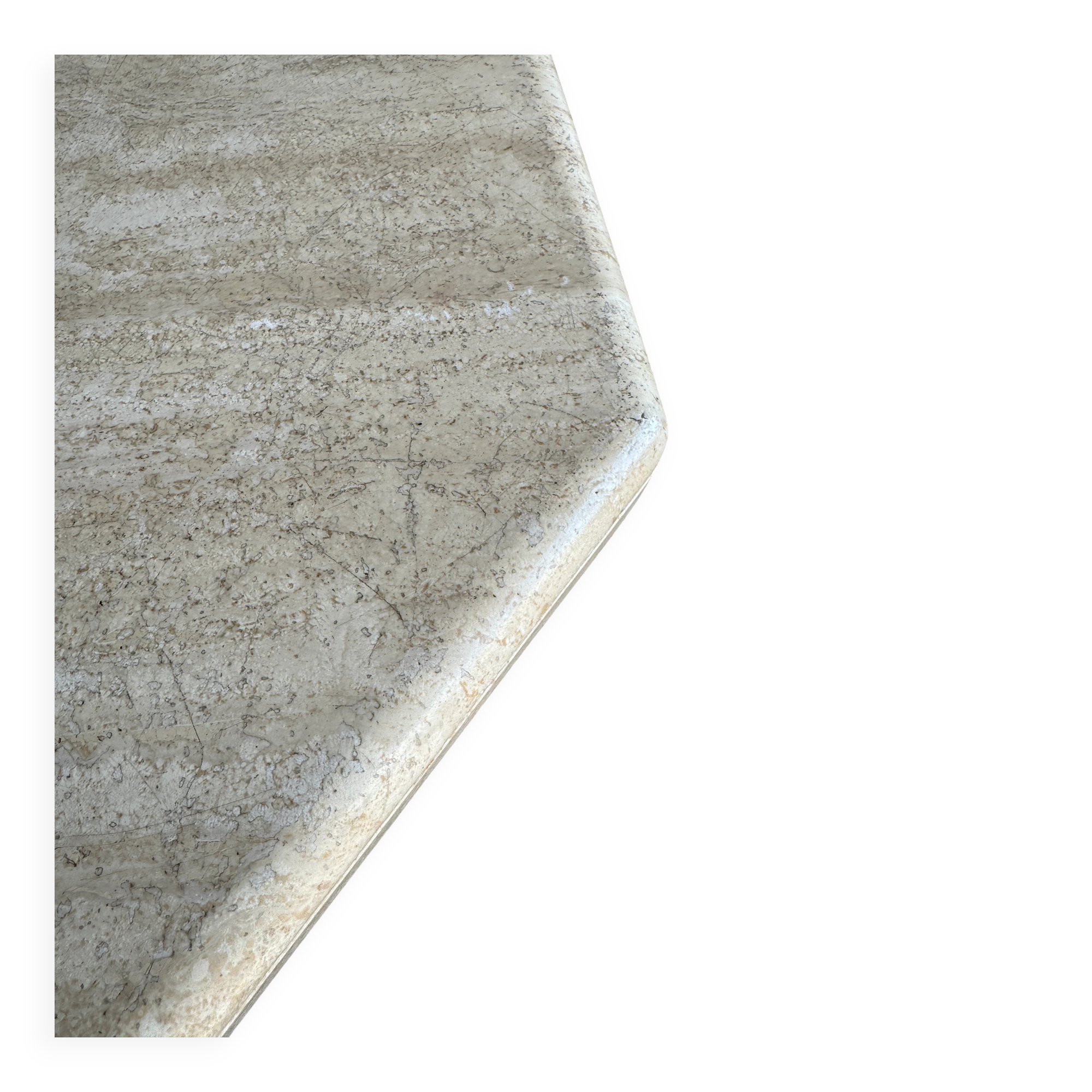 Beige Travertine Sculptural Coffee Table — Hexagonal Solid Natural Stone, Brutalist Design