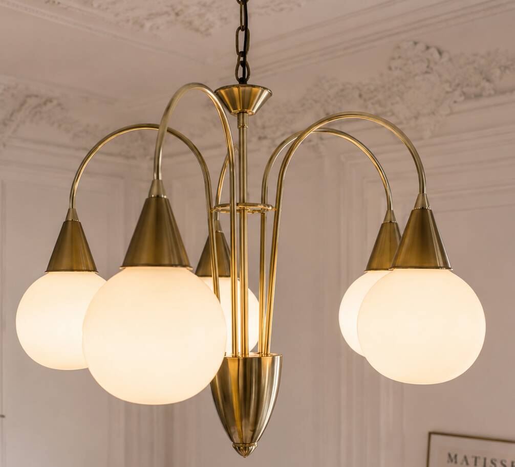Mid Century Suspension, 5 globes in brass and opal glass, Honsel Leuchten