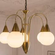 Mid Century Suspension, 5 globes in brass and opal glass, Honsel Leuchten