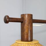 Adjustable mid-century wooden wall lamp with rattan shade, 1970s
