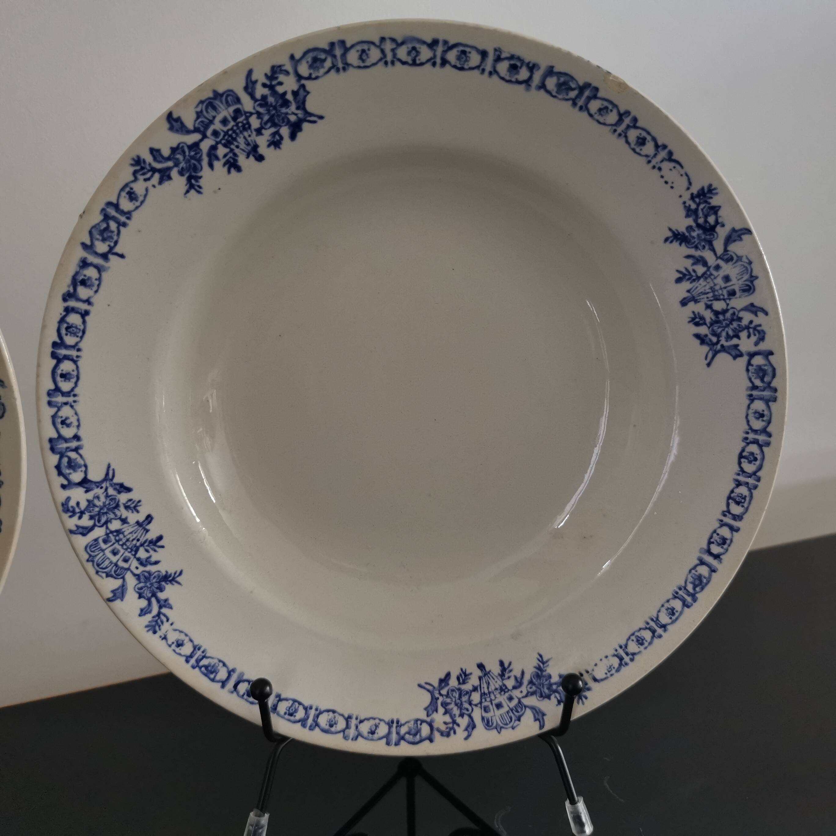 3 soup plates with blue frieze & St Amand fans