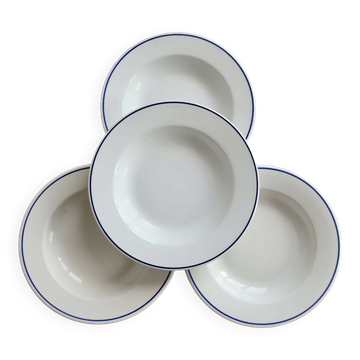 4 deep plates porcelain Pyroblan Sarreguemines – Blue rim