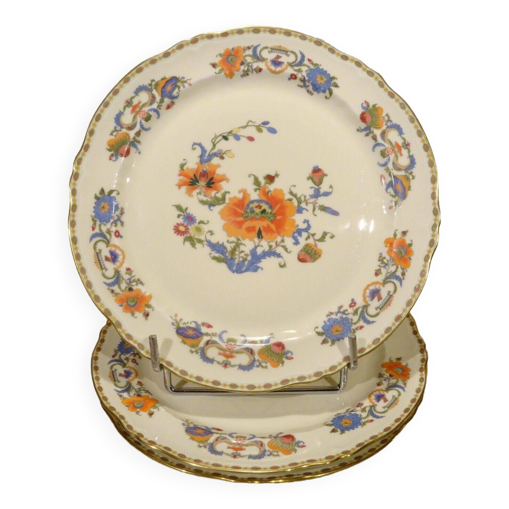 3 Limoges Raynaud porcelain flat plates, Old China Damon decor