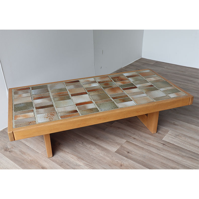 Table basse vintage Maison Regain en céramique et orme 1970