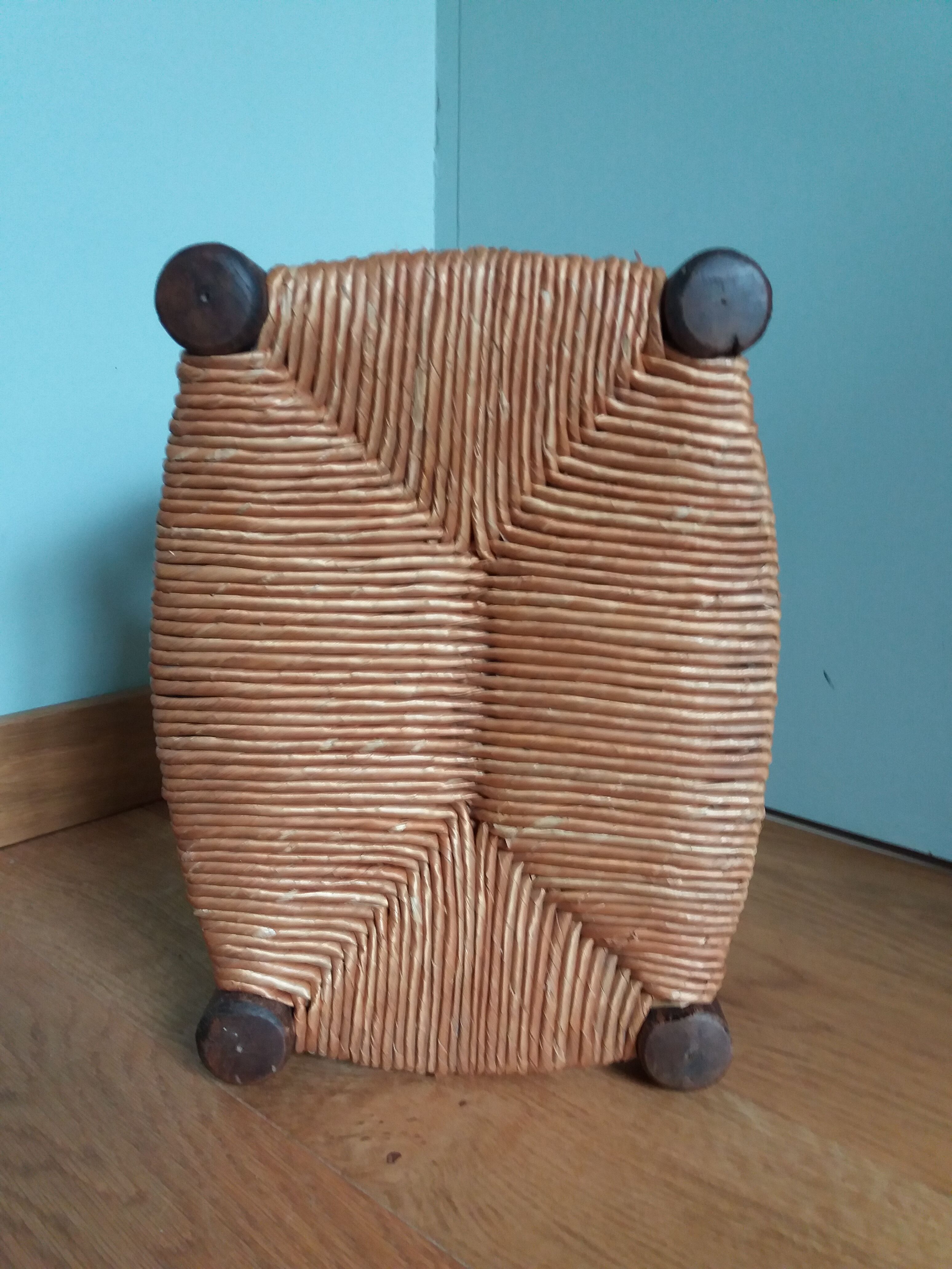 Footrest low stool wood and straw